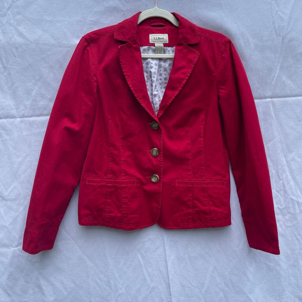 L.L.Bean Women’s Red Cotton Blazer Jacket Size 10 Regular 3 Button Lined